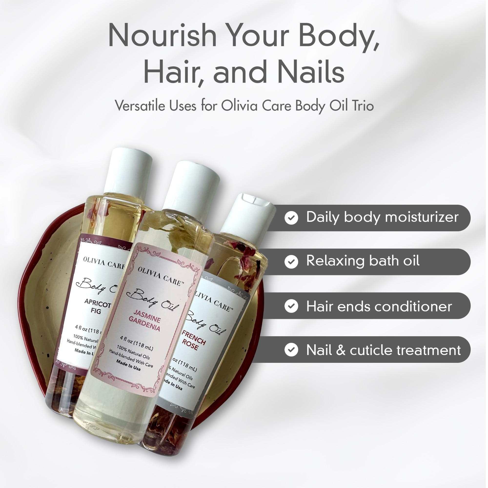 Olivia Care 3 Pack Body Oils: Apricot Fig, French Rose & Jasmine Gardenia