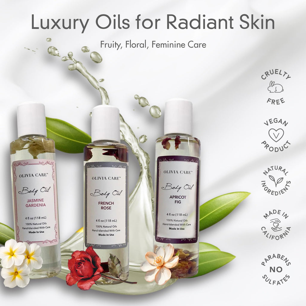 Olivia Care 3 Pack Body Oils: Apricot Fig, French Rose & Jasmine Gardenia