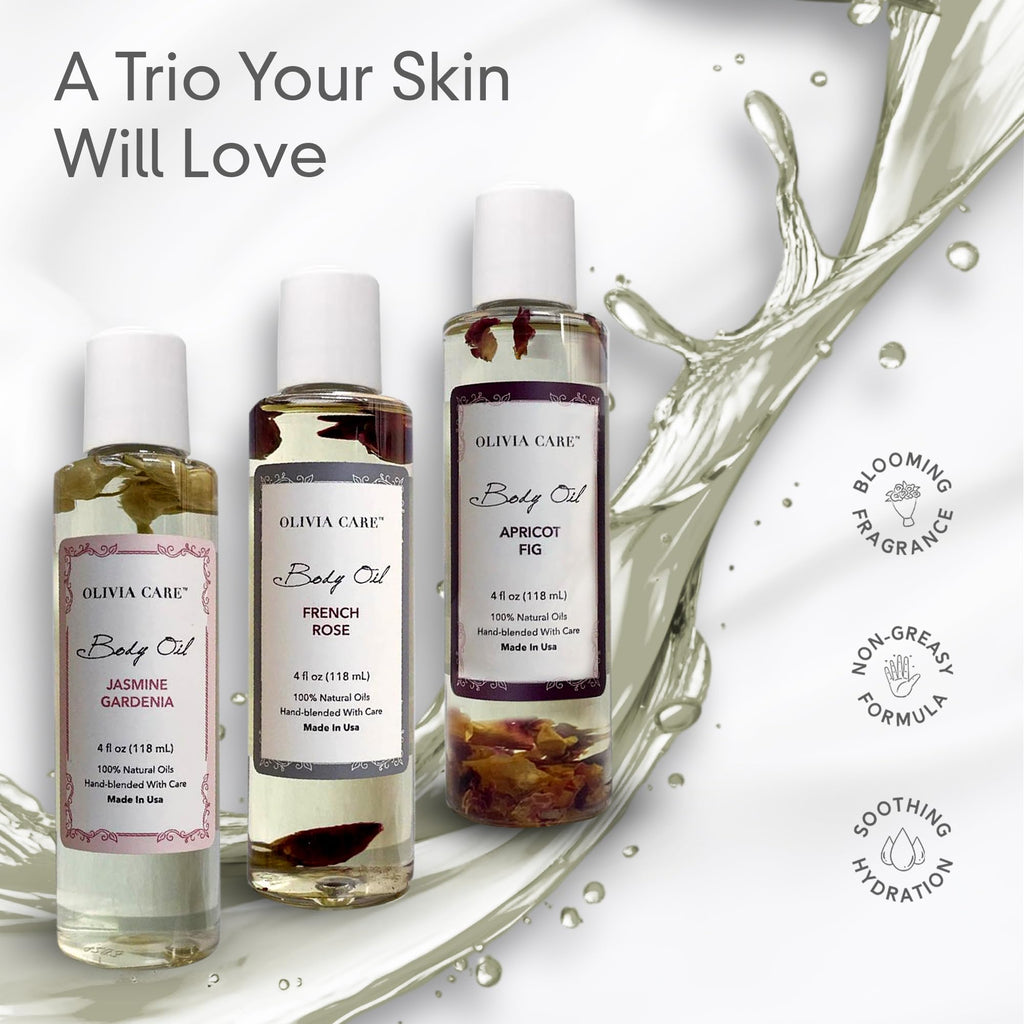 Olivia Care 3 Pack Body Oils: Apricot Fig, French Rose & Jasmine Gardenia