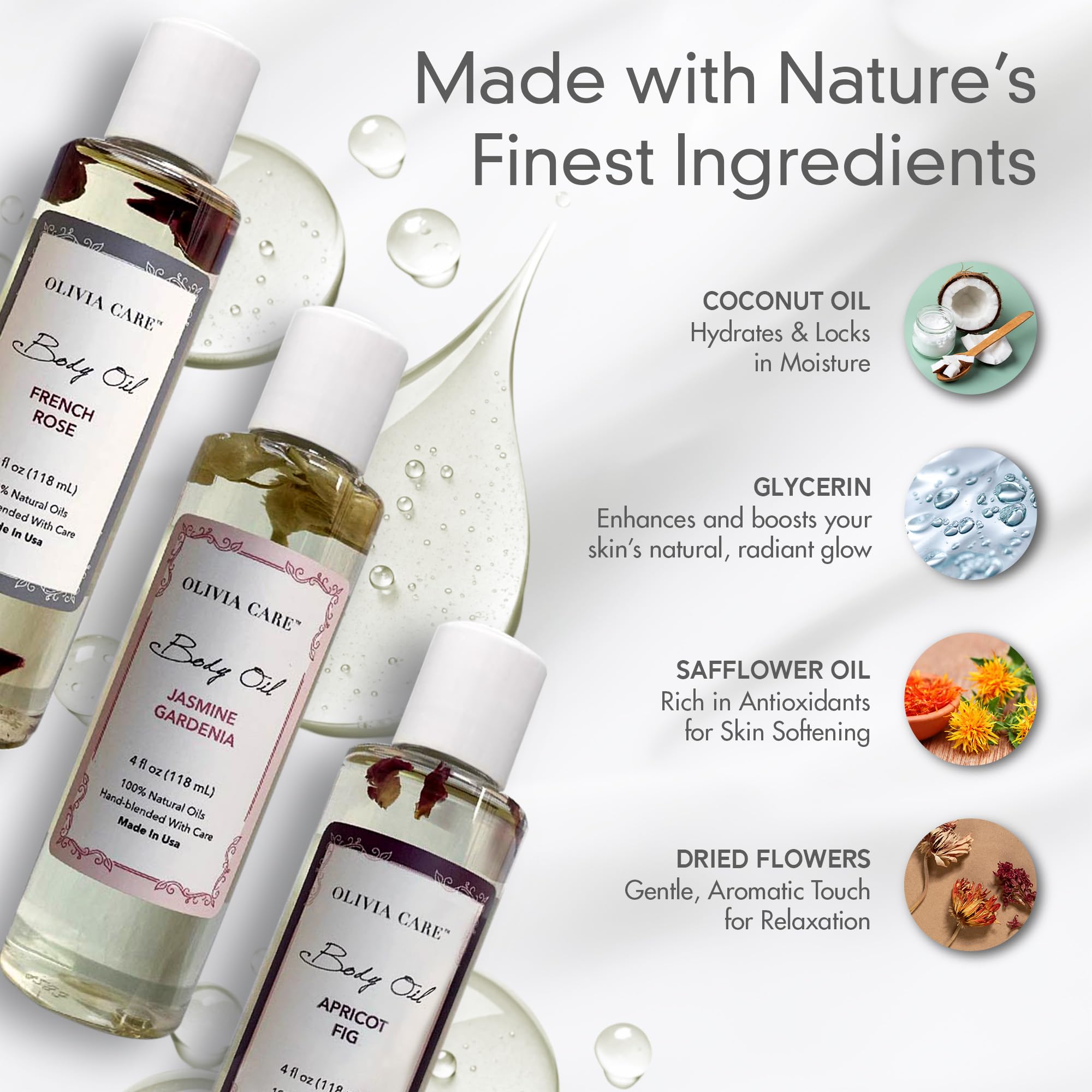 Olivia Care 3 Pack Body Oils: Apricot Fig, French Rose & Jasmine Gardenia