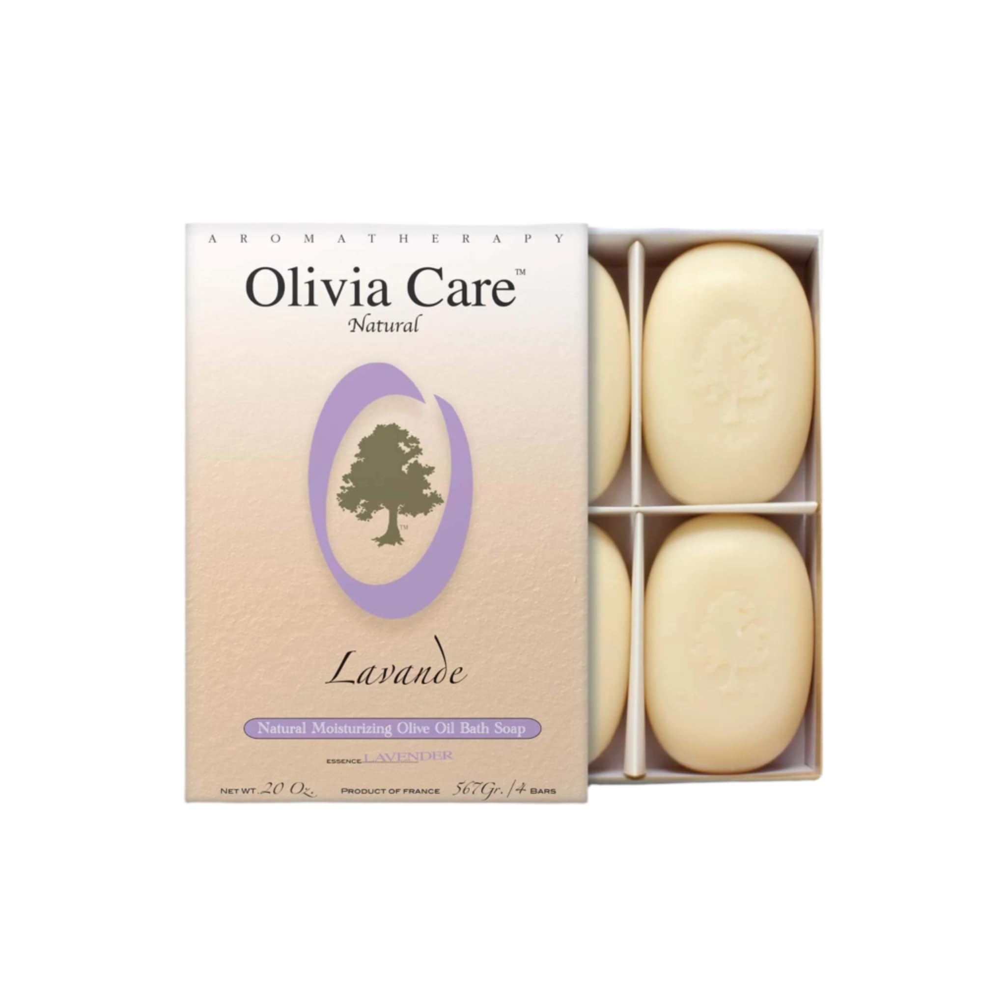 Olivia Care Lavender Bar Soap – 4-Pack Box Set | 100% Natural, Organic, Vegan • Hydrating Olive Oil & Lavender