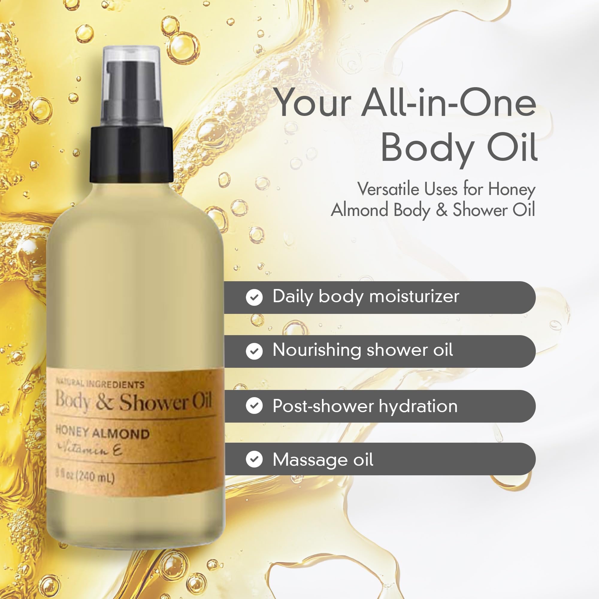 Olivia Care Nourishing Honey Almond Body Oil with Vitamin E | In-Shower Hydration for All Skin Types – 8 oz