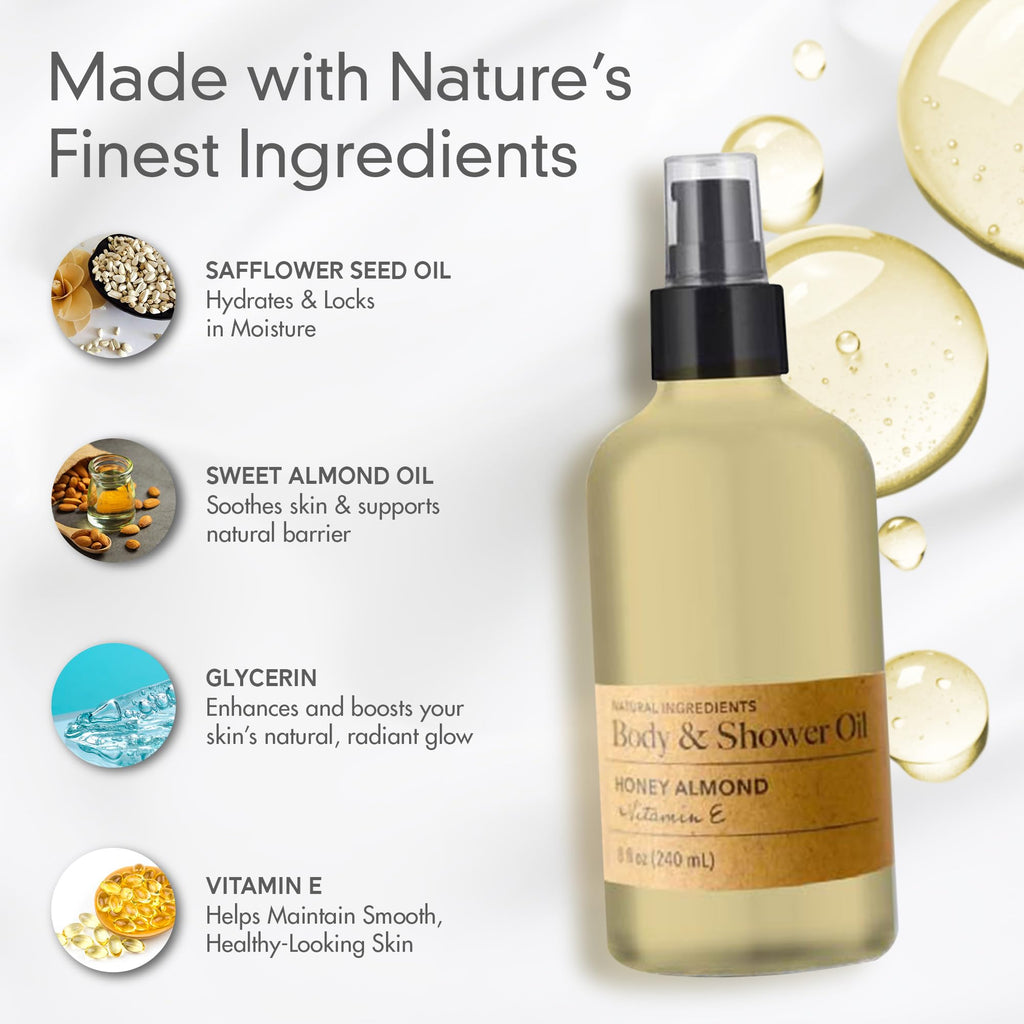 Olivia Care Nourishing Honey Almond Body Oil with Vitamin E | In-Shower Hydration for All Skin Types – 8 oz