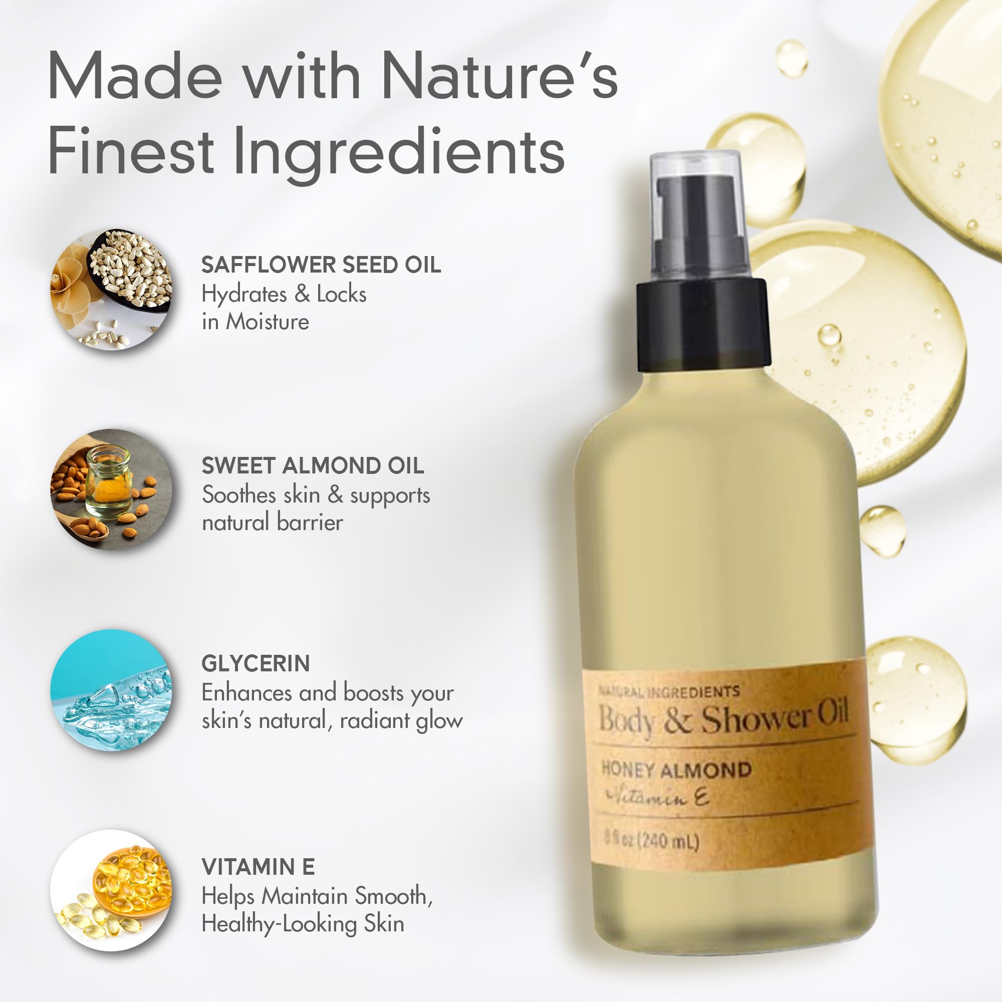Olivia Care Nourishing Honey Almond Body Oil with Vitamin E | In-Shower Hydration for All Skin Types – 8 oz