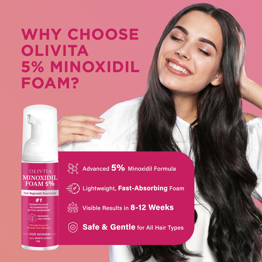 OLIVITA 5% Minoxidil Foam – Extra Strength Hair Regrowth for Women & Men, 2x60ml