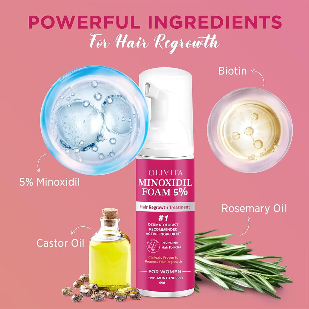 OLIVITA 5% Minoxidil Foam for Women – Extra Strength Hair Regrowth (2x60ml)