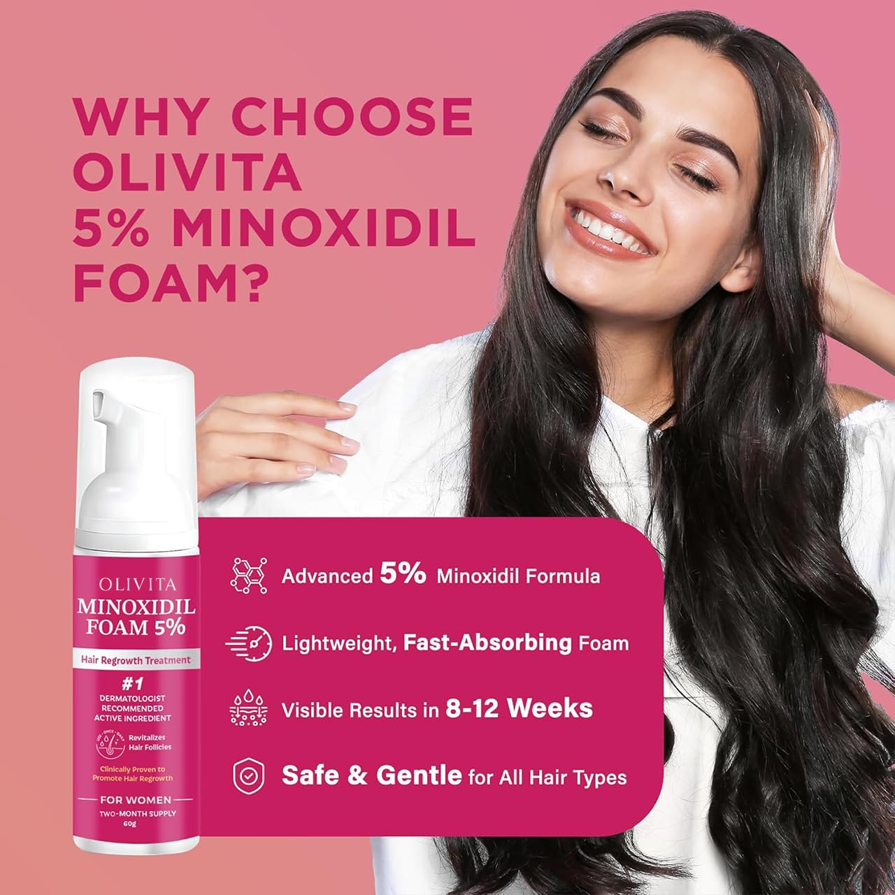 OLIVITA 5% Minoxidil Foam for Women – Extra Strength Hair Regrowth (2-Pack)