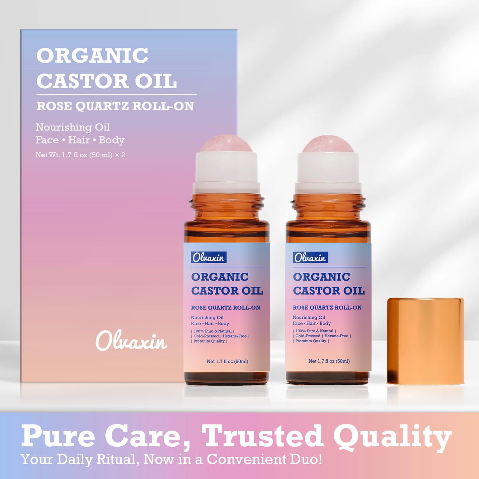 Olvaxin Organic Castor Oil Roll-On with Rose Quartz — 2 Pack (1.7 fl oz each)