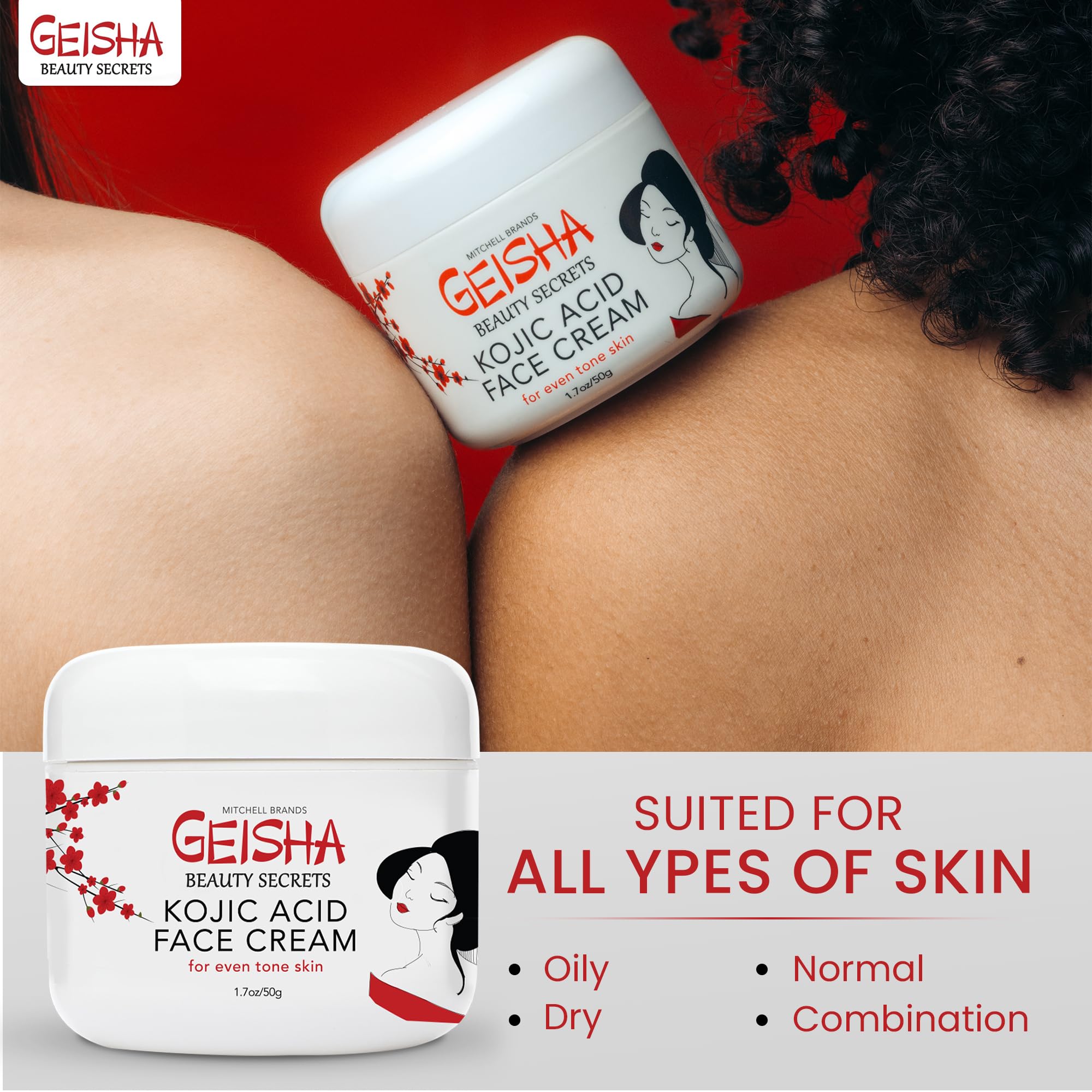 OMIC Geisha Kojic Acid Cream – 1.7 fl oz (50 ml) – Brightening Cream for Face, Body & Hands – Glycolic Acid – Pack of 2