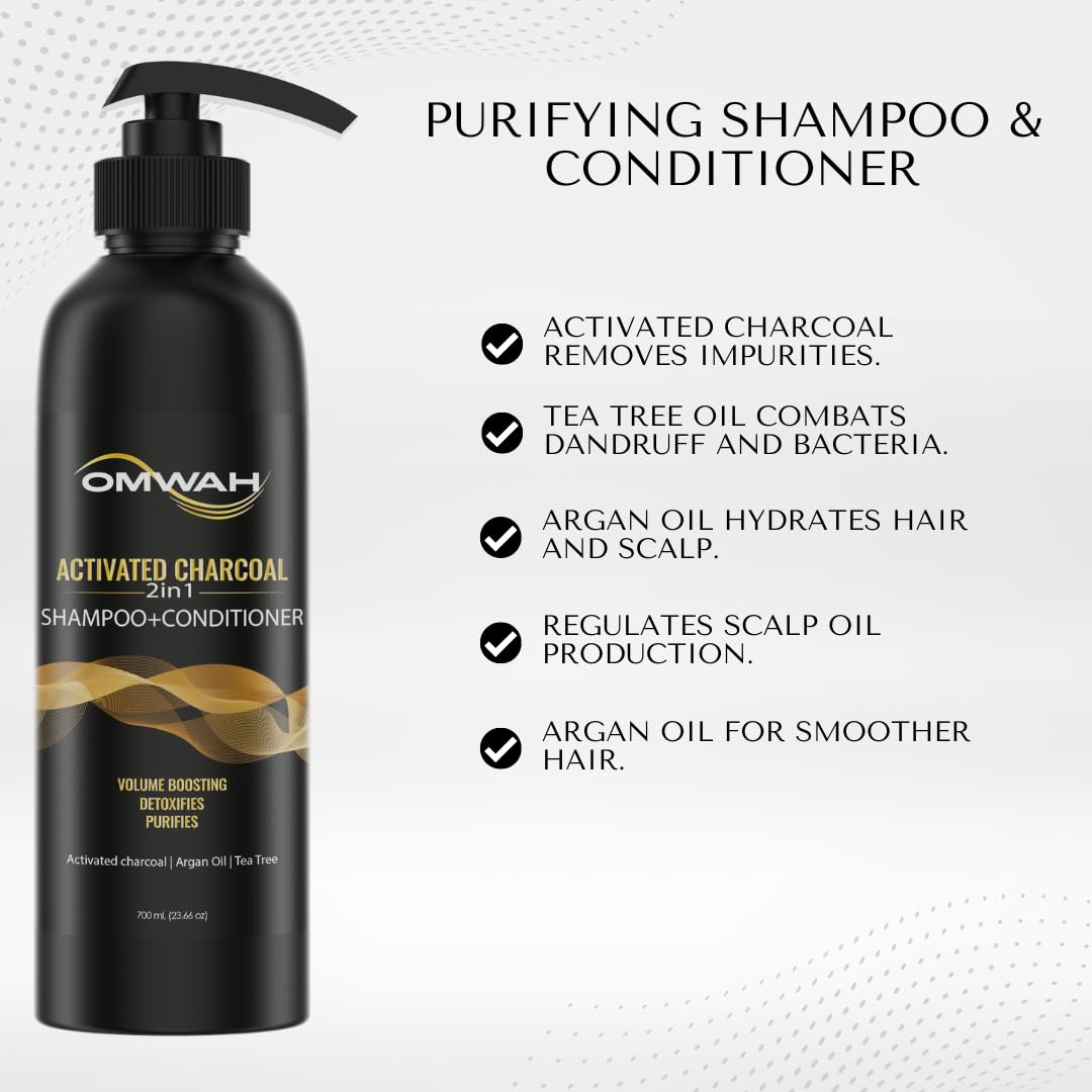 OMWAH 2-in-1 Shampoo + Conditioner with Activated Charcoal, Argan Oil & Tea Tree (23.66 oz)