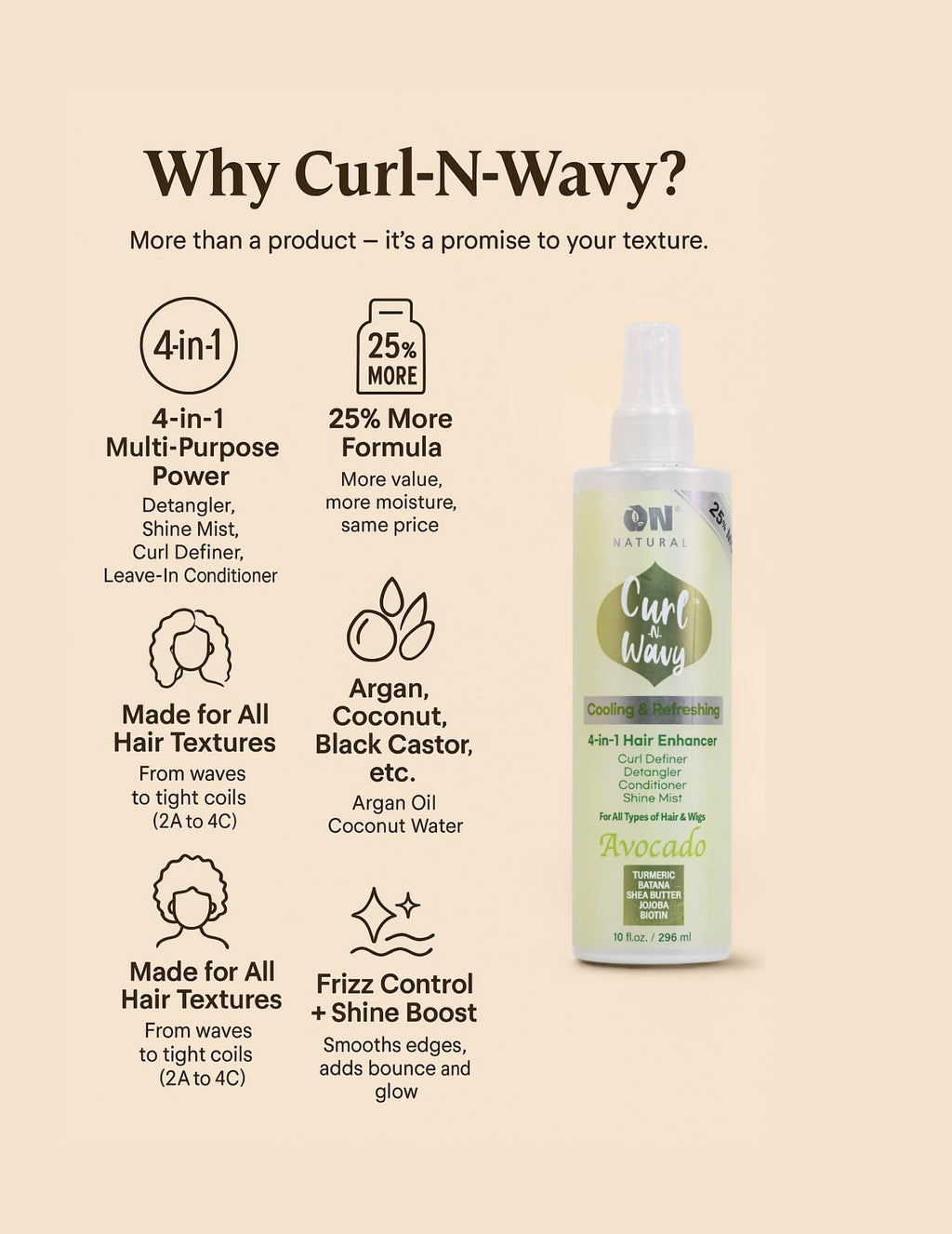 On Natural Curl-N-Wavy 4-in-1 Hair Enhancer for All Hair Textures – Cherry Blossom, 10 oz