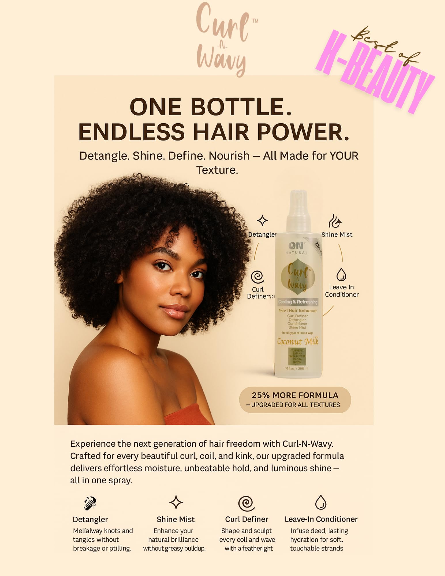 On Natural Curl-N-Wavy 4-in-1 Hair Enhancer for All Hair Textures – Cherry Blossom, 10 oz