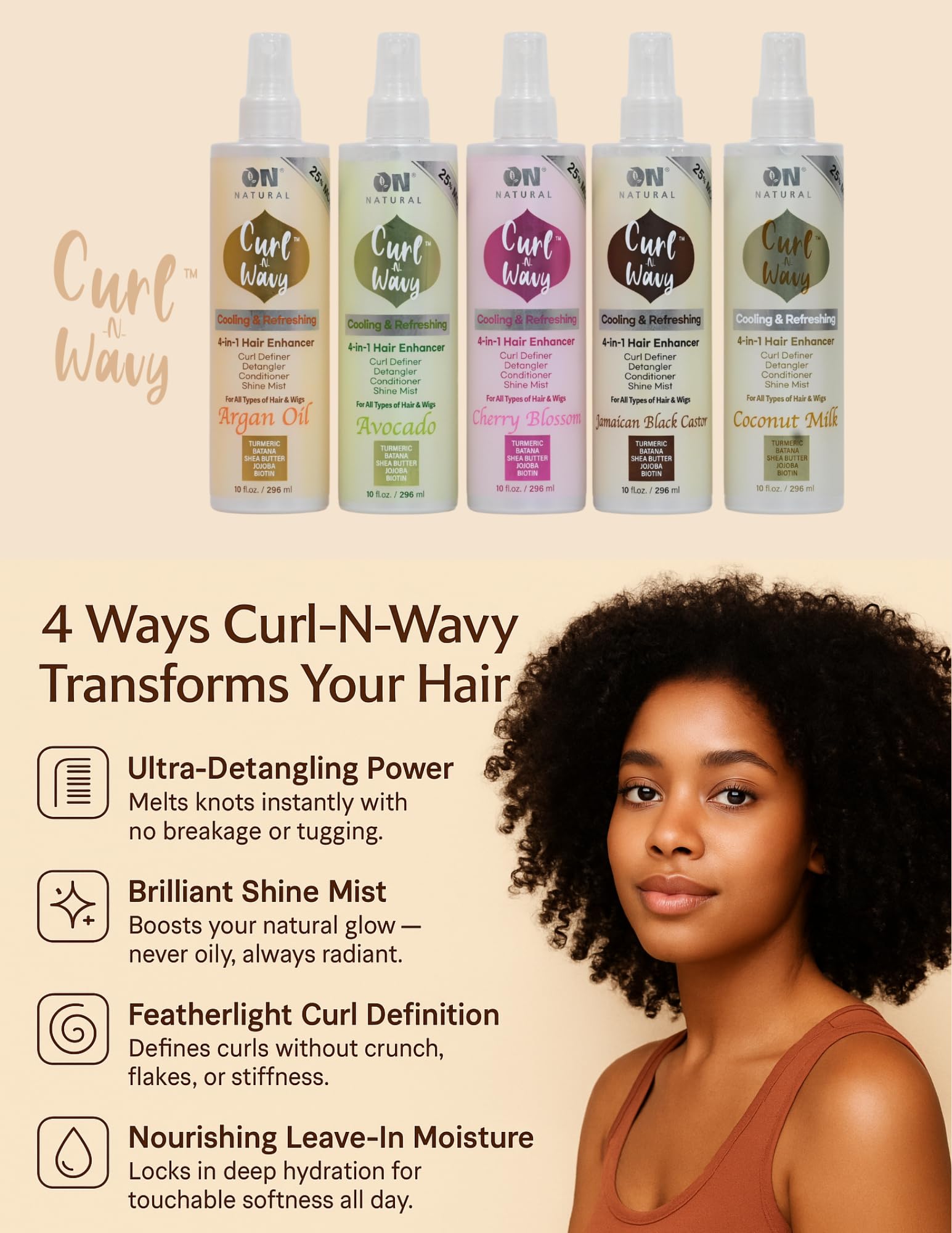 On Natural Curl-N-Wavy 4-in-1 Hair Enhancer for All Hair Textures – Cherry Blossom, 10 oz