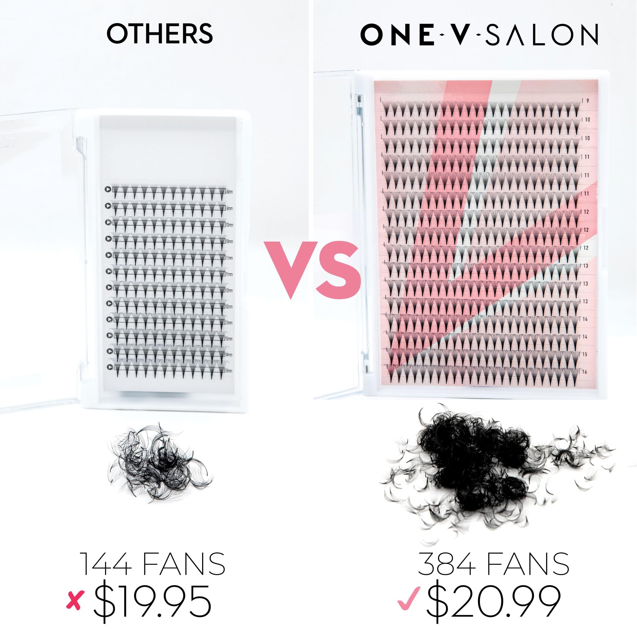 One V Salon Premade Fans Lash Extensions — 384 Fans, 10D-16D, D Curl, 0.07mm