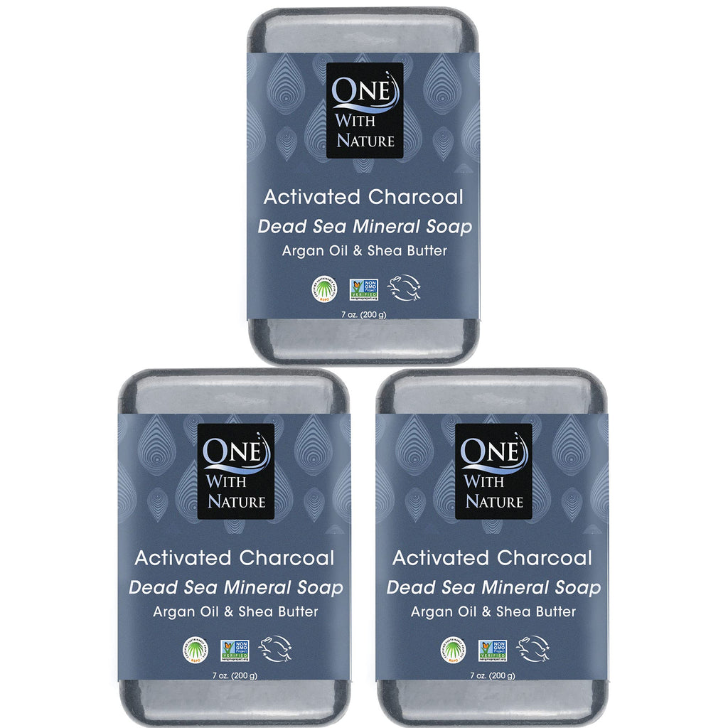 One With Nature Activated Charcoal Soap 7oz 3-Pack – Detoxifying Charcoal Soap Bar with Dead Sea Salt for Face & Body, for Men & Women