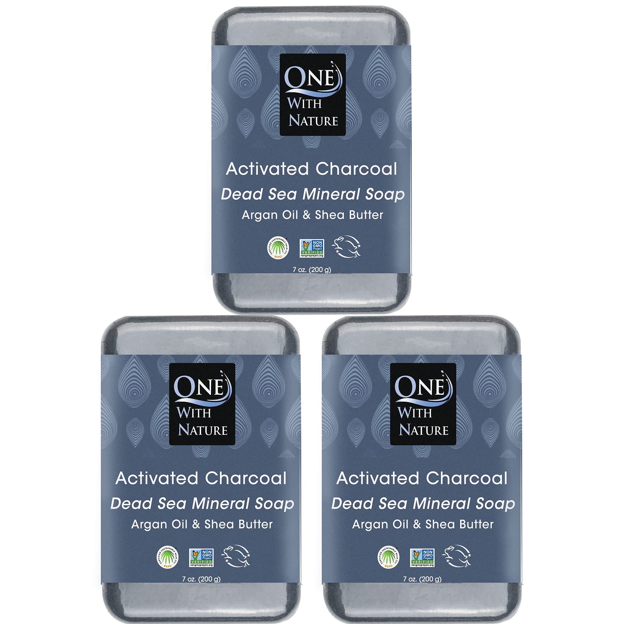 One With Nature Activated Charcoal Soap 7oz 3-Pack – Detoxifying Charcoal Soap Bar with Dead Sea Salt for Face & Body, for Men & Women