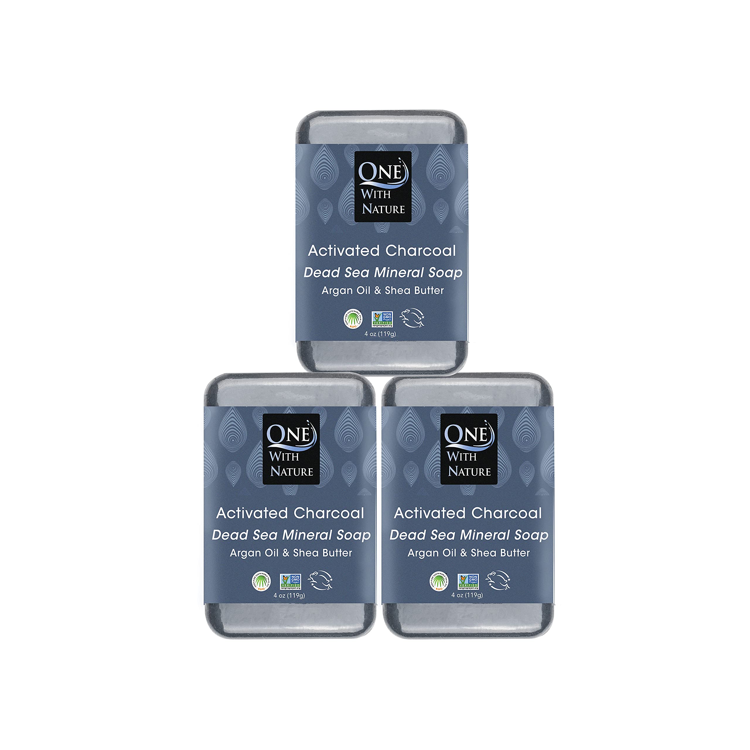 One With Nature Activated Charcoal Soap 4oz 3-Pack – Detox & Exfoliate with Dead Sea Minerals