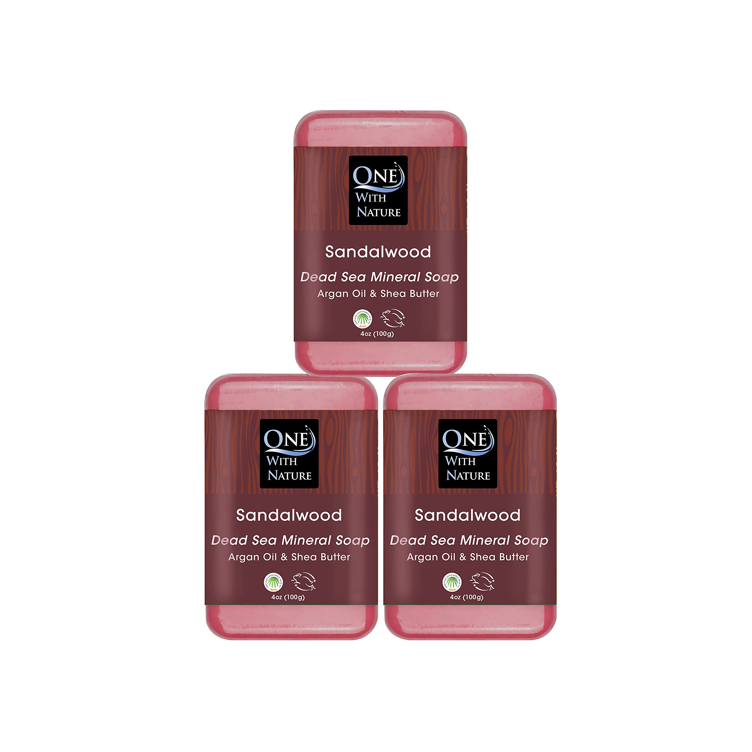 One With Nature Dead Sea Salt Sandalwood Soap 4oz 3-Pack – Purifying & Exfoliating Bar
