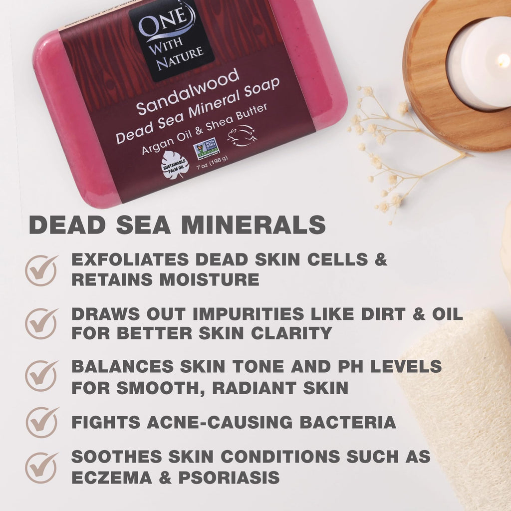 One With Nature Dead Sea Salt Sandalwood Soap 4oz 3-Pack – Purifying & Exfoliating Bar