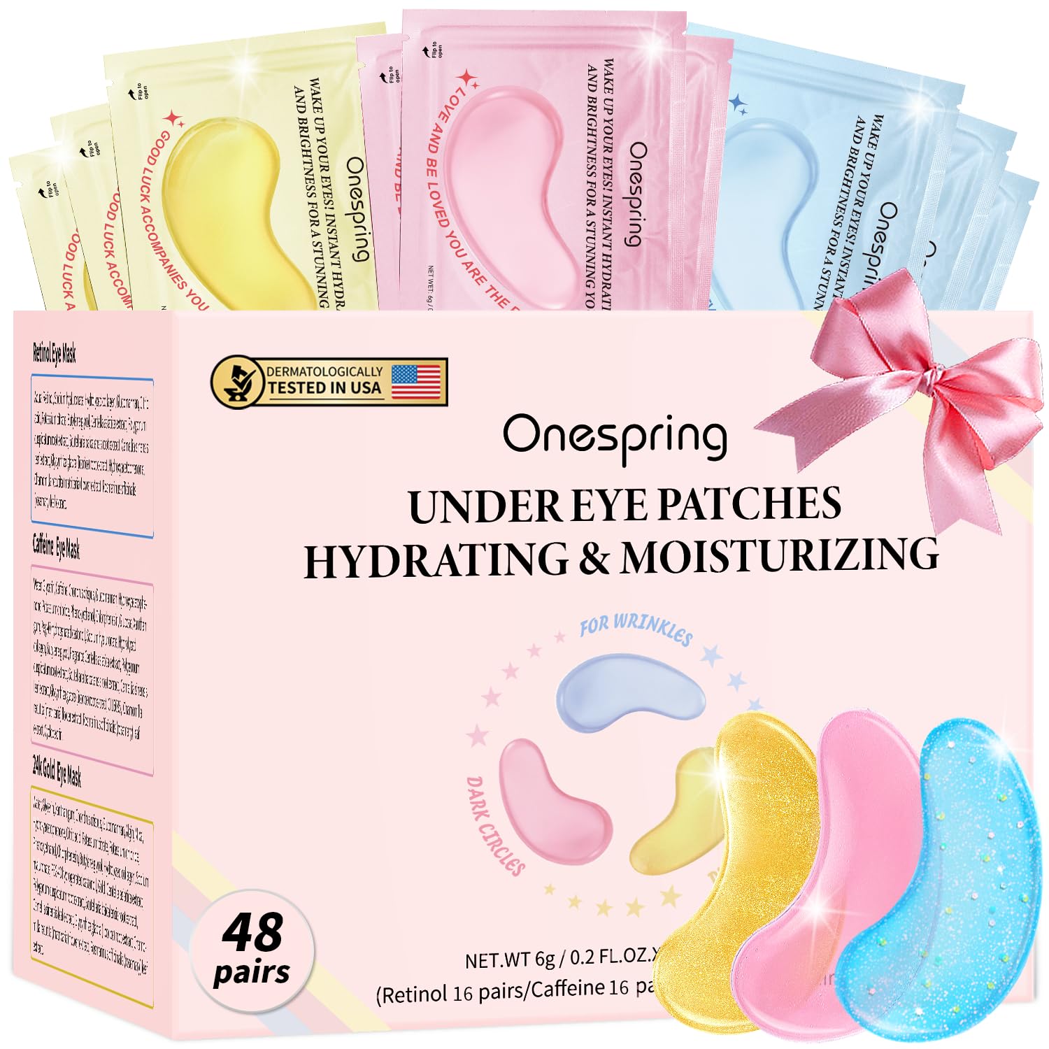 Onespring Eye Mask Gift Box (48 Pairs) – Caffeine, 24K Gold & Retinol Under-Eye Patches