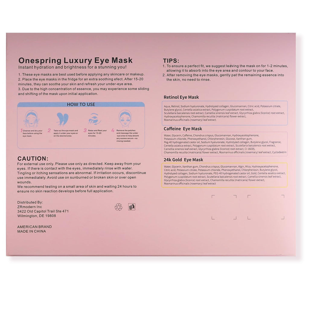 Onespring Eye Masks 24 Pairs – Caffeine, 24K Gold & Retinol Under Eye Patches – Puffy Eyes, Dark Circles & Fine Lines