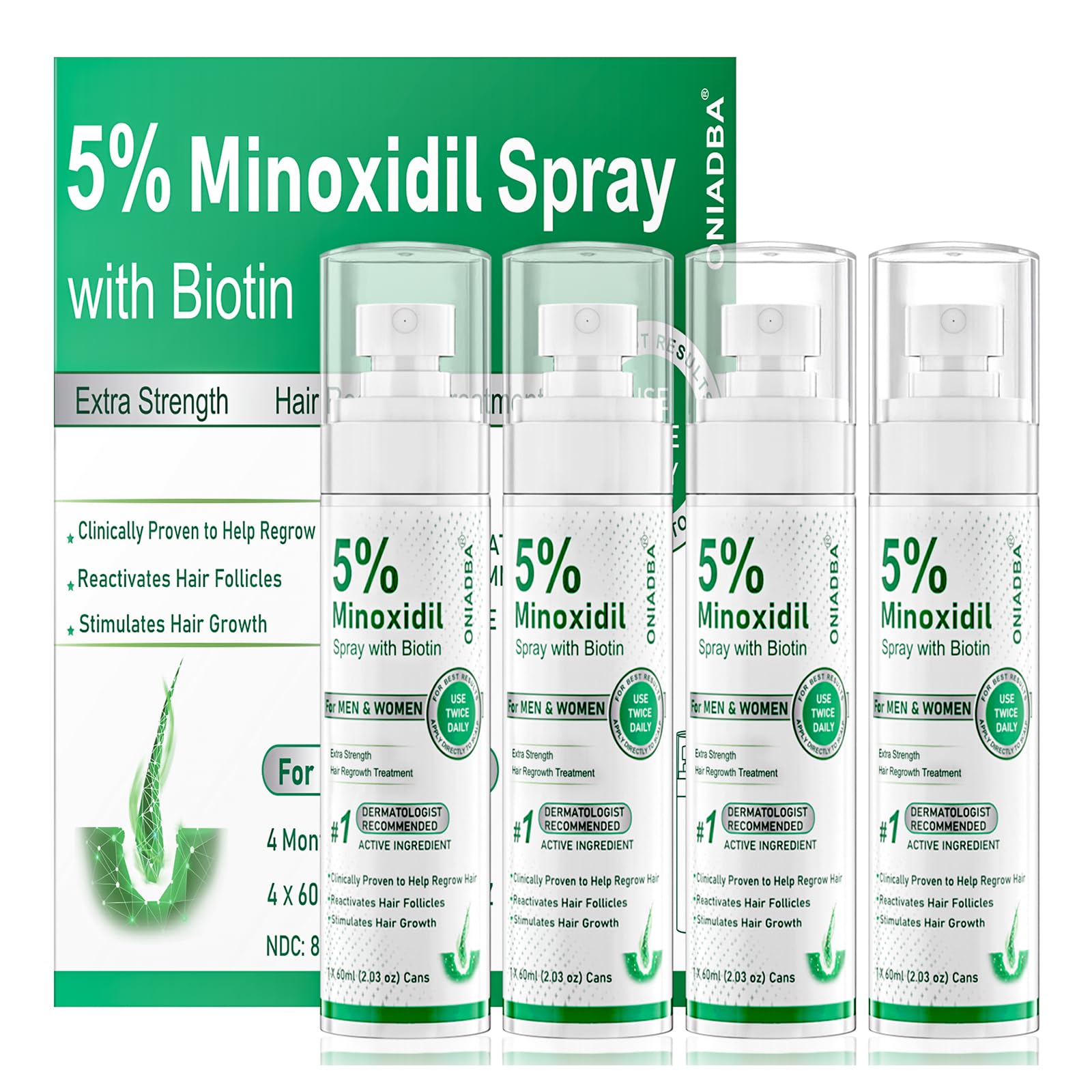 ONIADBA 5% Minoxidil Spray for Hair Growth – 4 Pack (8.12 oz each)