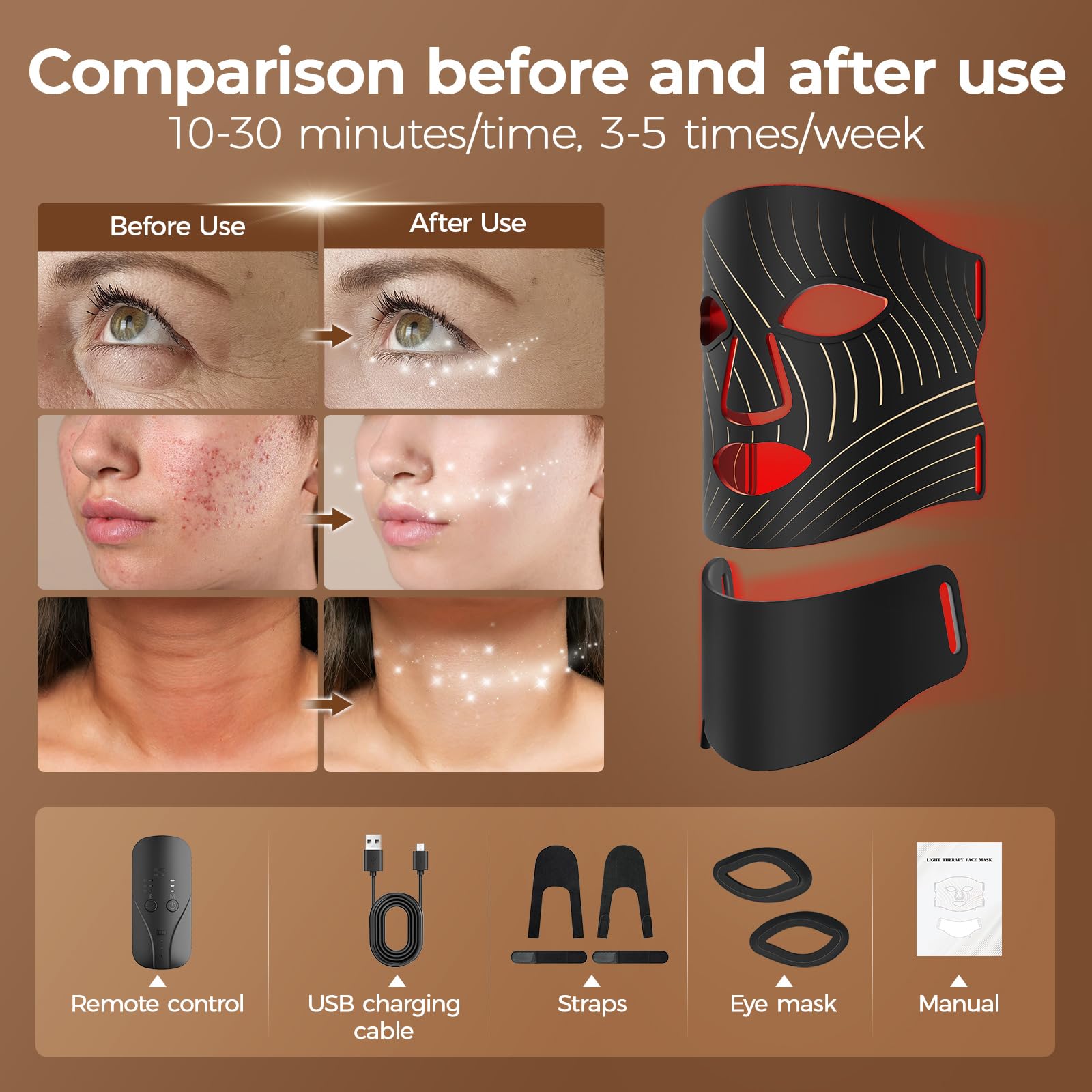 ONLUKY 103-LED Red Light Therapy Face Mask with Neck Attachment