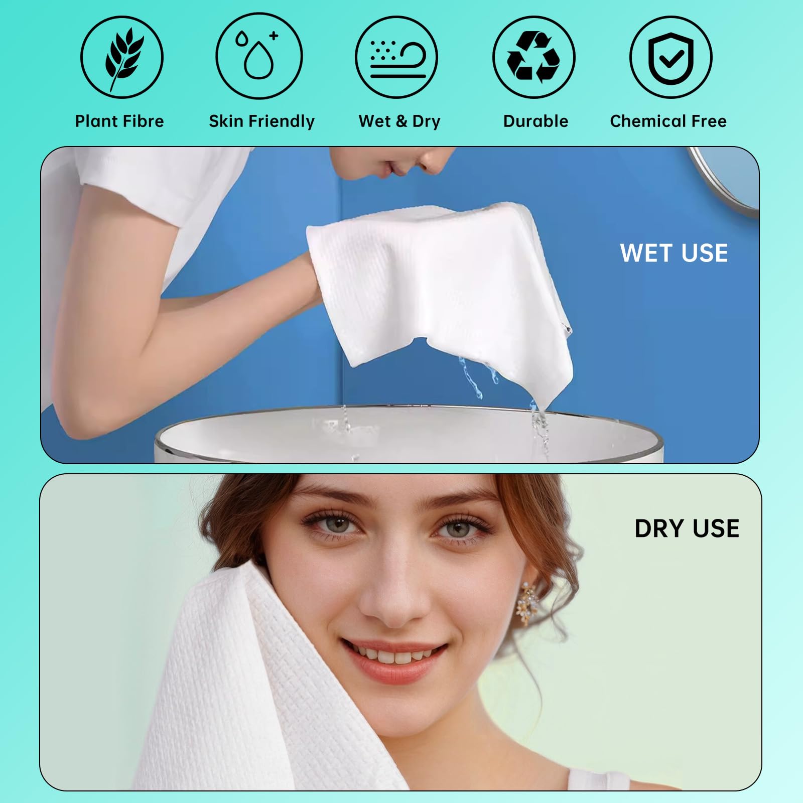 ONLYCARE Disposable Face Towels – Biodegradable, Extra Thick 10x12, 50 Count for Sensitive Skin