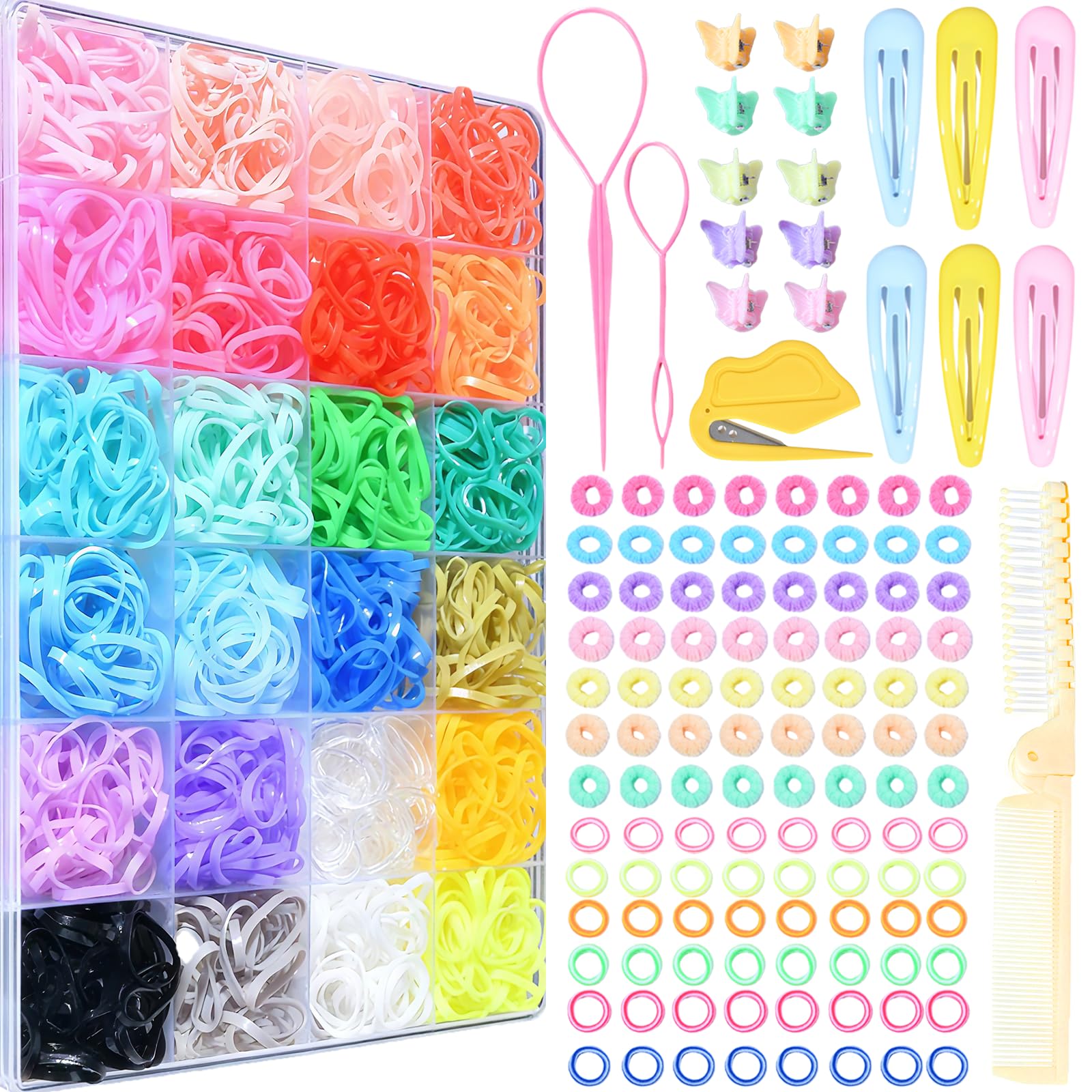 OOPPOO Hair Accessories for Girls – 2100 Multicolor Hair Ties (36 Colors) with Tops Tail Tool & Cutter