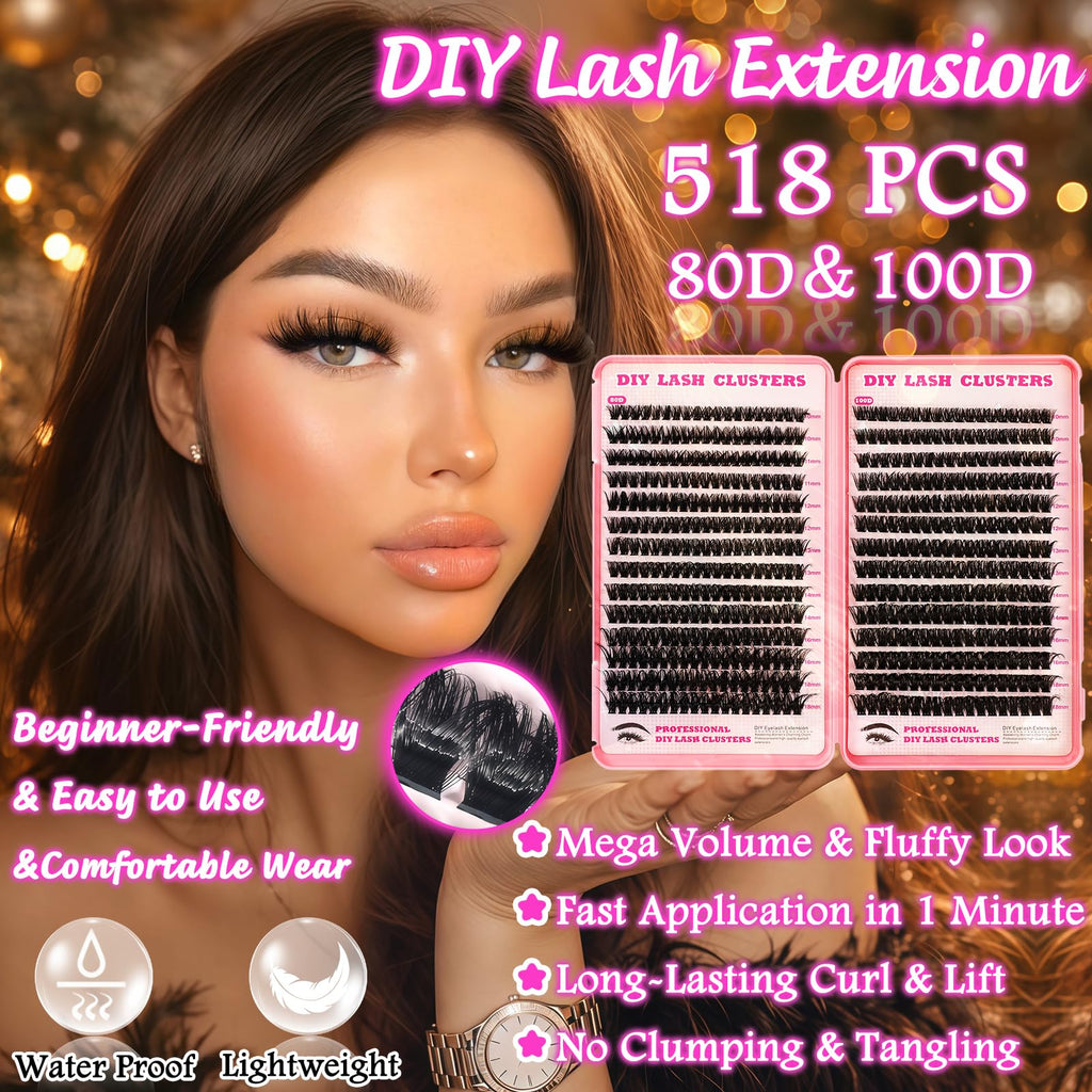 OOPPOO Lash Cluster Eyelashes 80D+100D D-Curl | 10-18mm DIY Volume Clusters (518 Pcs)