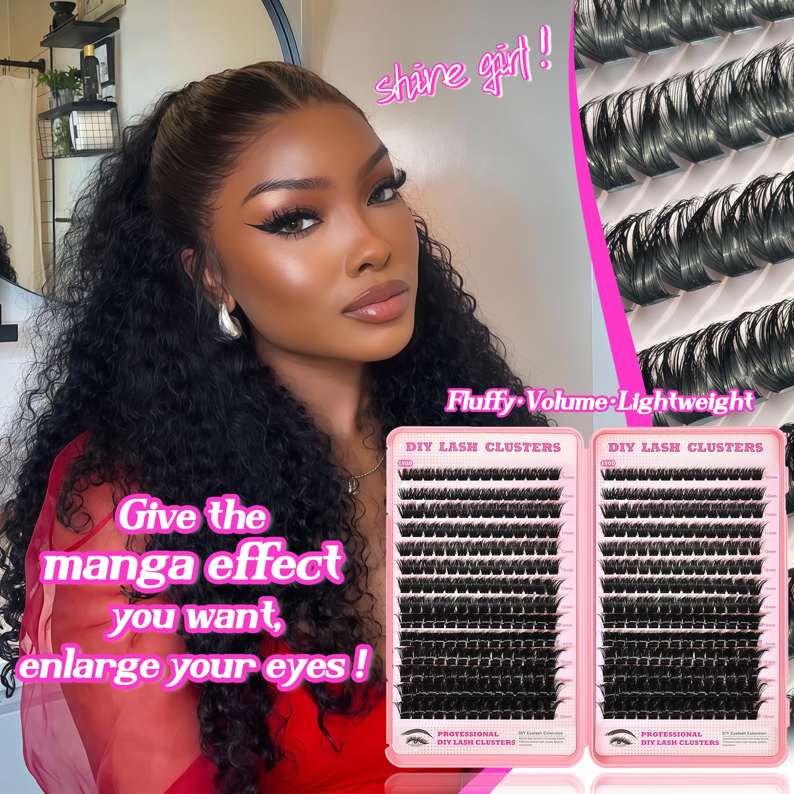 OOPPOO Manga Lash Clusters – 392 Pcs Fluffy 150D+150D D Curl Volume Lash Extensions 10-18mm
