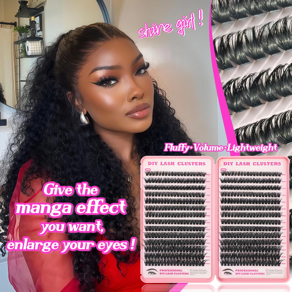 OOPPOO Manga Lash Clusters – 532 Pcs Fluffy Eyelash Extensions, 80D+80D D Curl (10-18mm)