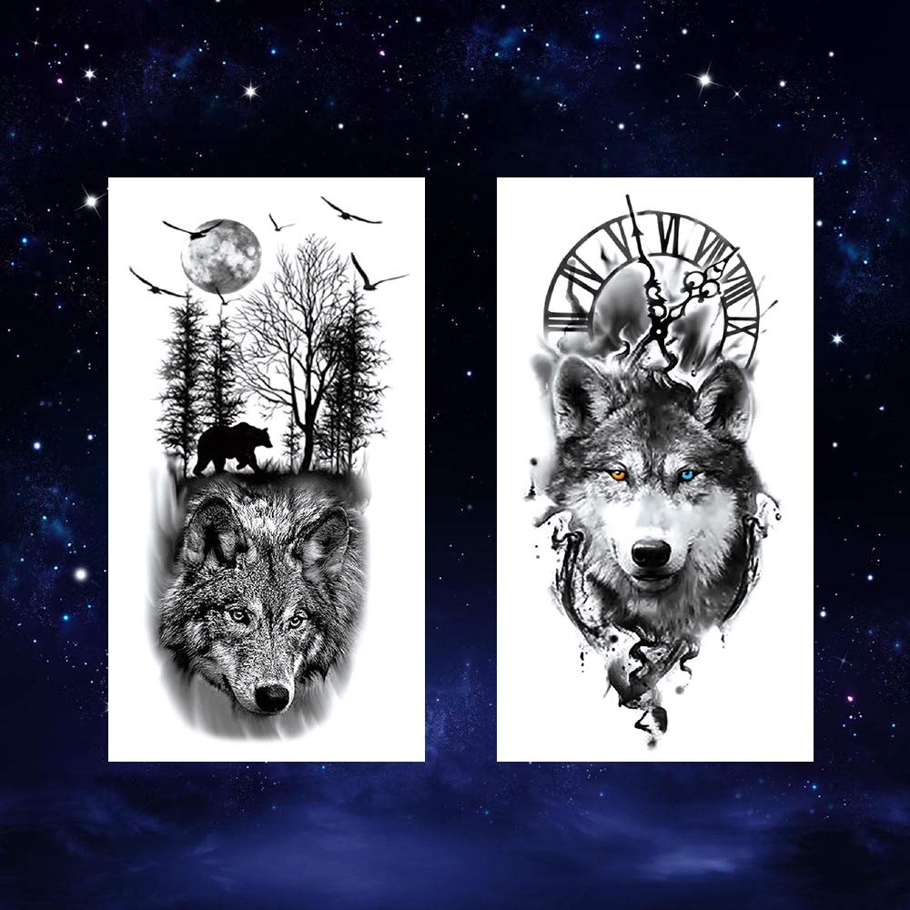 Oottati 8 Sheets Wolf Taichi Totem Skull Moon Forest Flower Temporary Tattoos