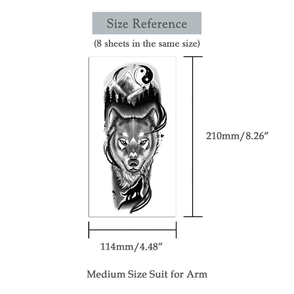 Oottati 8 Sheets Wolf Taichi Totem Skull Moon Forest Flower Temporary Tattoos