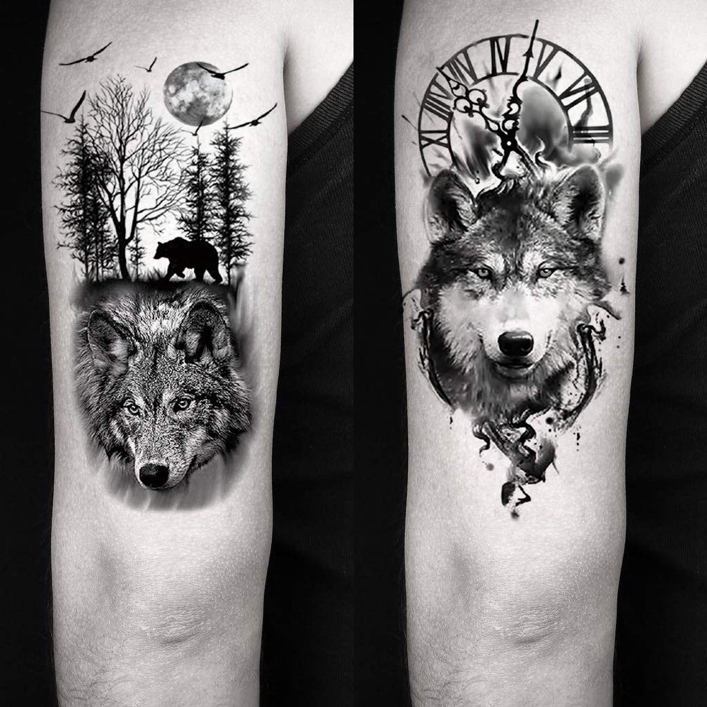 Oottati 8 Sheets Wolf Taichi Totem Skull Moon Forest Flower Temporary Tattoos