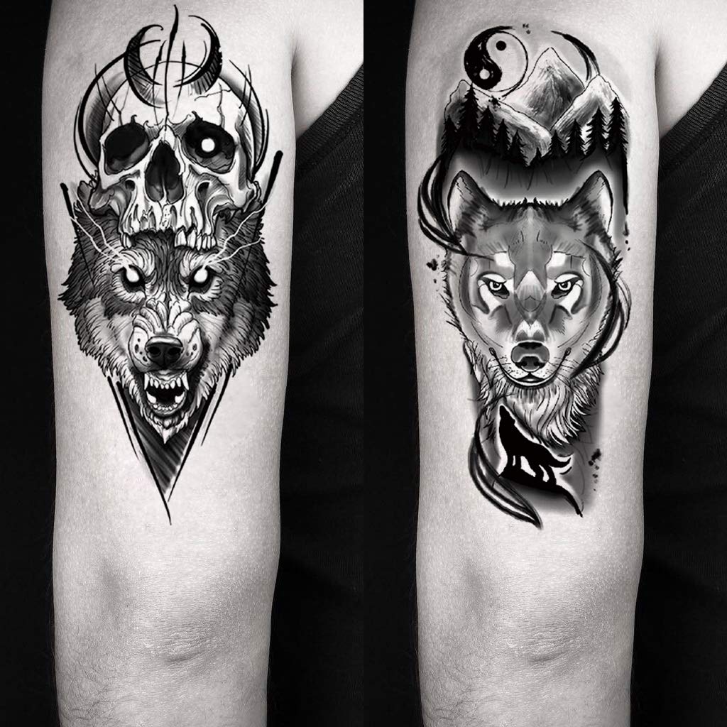 Oottati 8 Sheets Wolf Taichi Totem Skull Moon Forest Flower Temporary Tattoos