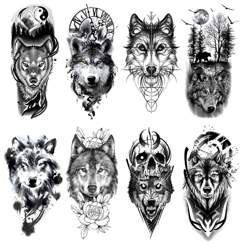 Oottati 8 Sheets Wolf Taichi Totem Skull Moon Forest Flower Temporary Tattoos