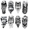 Oottati 8 Sheets Wolf Taichi Totem Skull Moon Forest Flower Temporary Tattoos