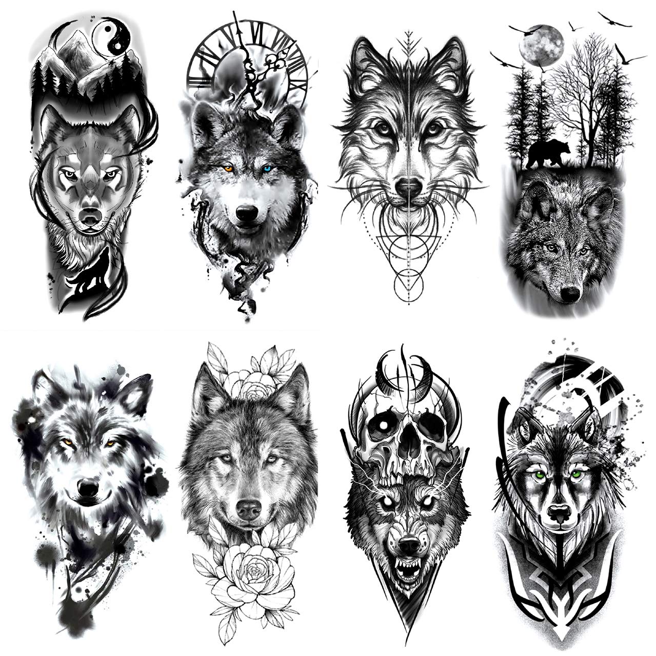 Oottati 8 Sheets Wolf Taichi Totem Skull Moon Forest Flower Temporary Tattoos