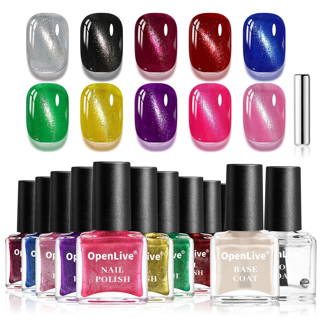 OpenLive Aurora Cat Eye Nail Polish Set (12-Piece) with Base Coat, Top Coat, and Magnetic Wand