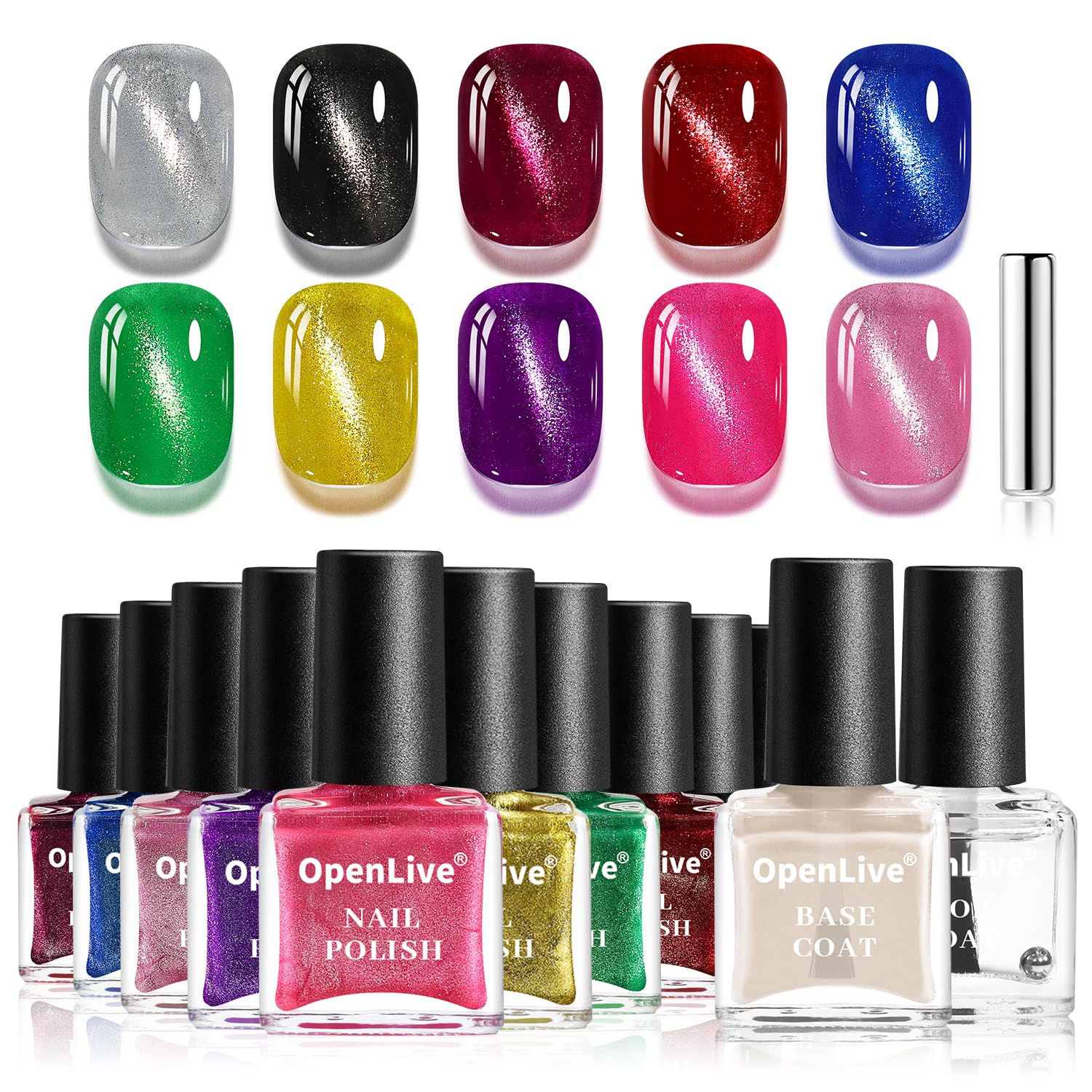 OpenLive Aurora Cat Eye Nail Polish Set (12-Piece) with Base Coat, Top Coat, and Magnetic Wand