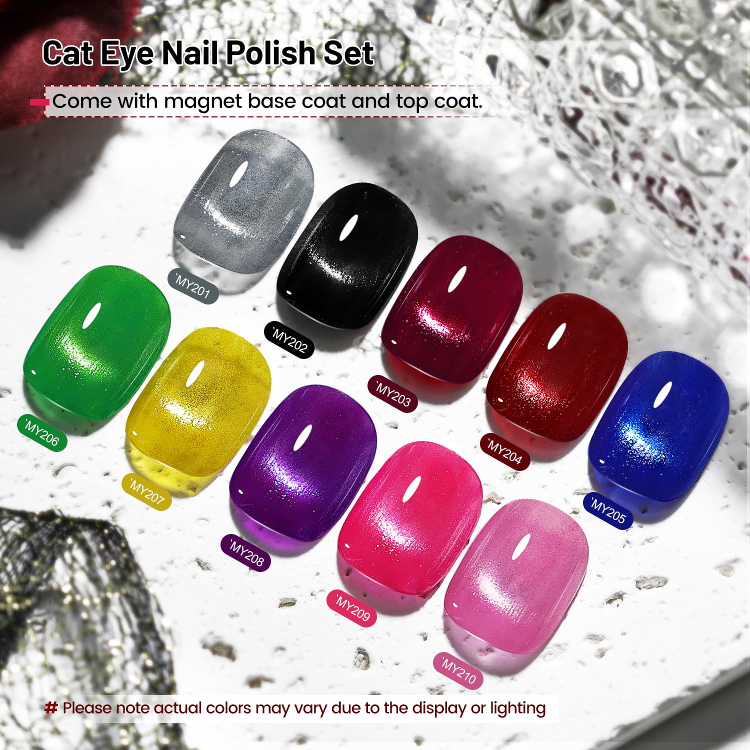OpenLive Aurora Cat Eye Nail Polish Set (12-Piece) with Base Coat, Top Coat, and Magnetic Wand