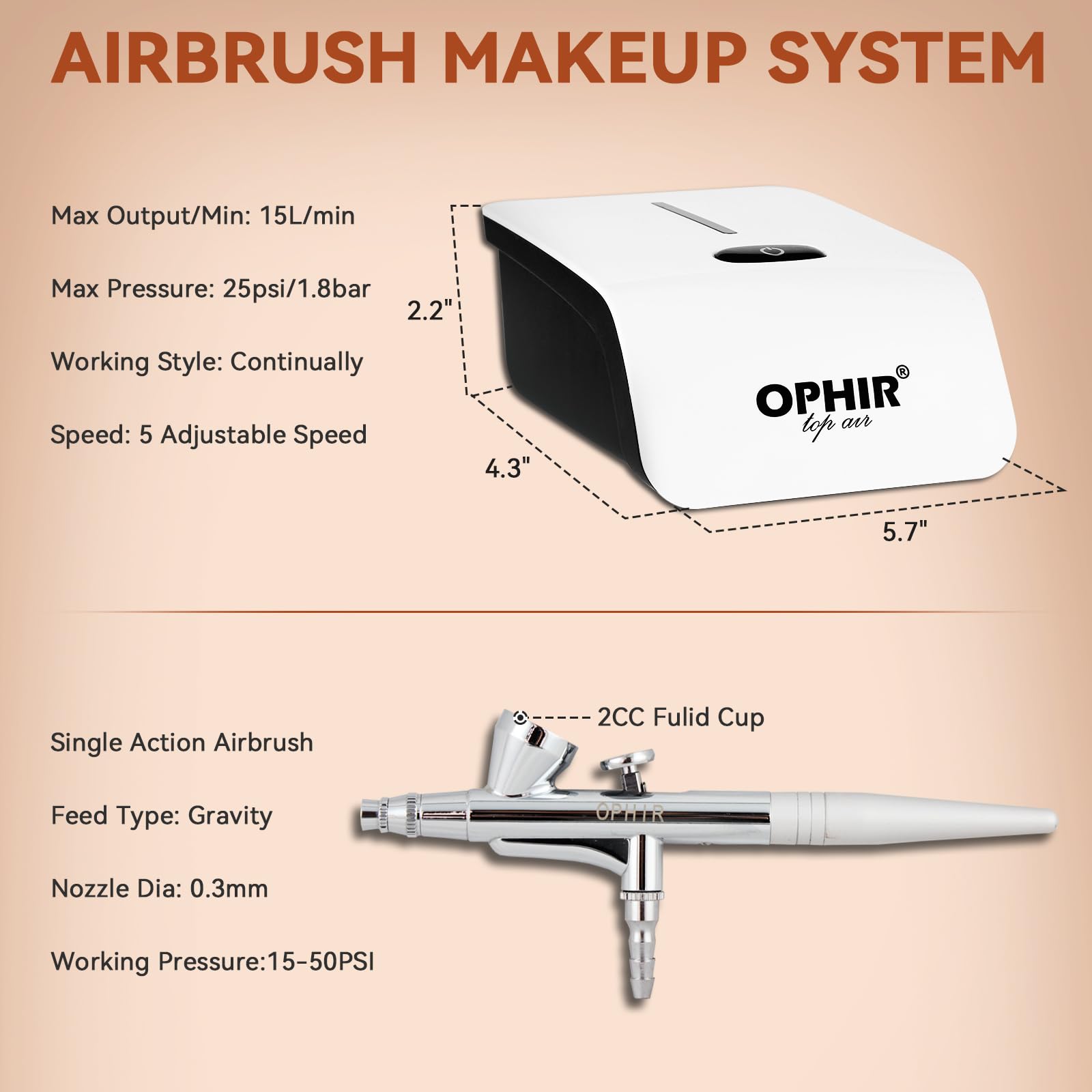 OPHIR Flawless Airbrush Makeup Kit — Pro Foundation, 7 Shades + 13 Eyeshadows, Air Compressor