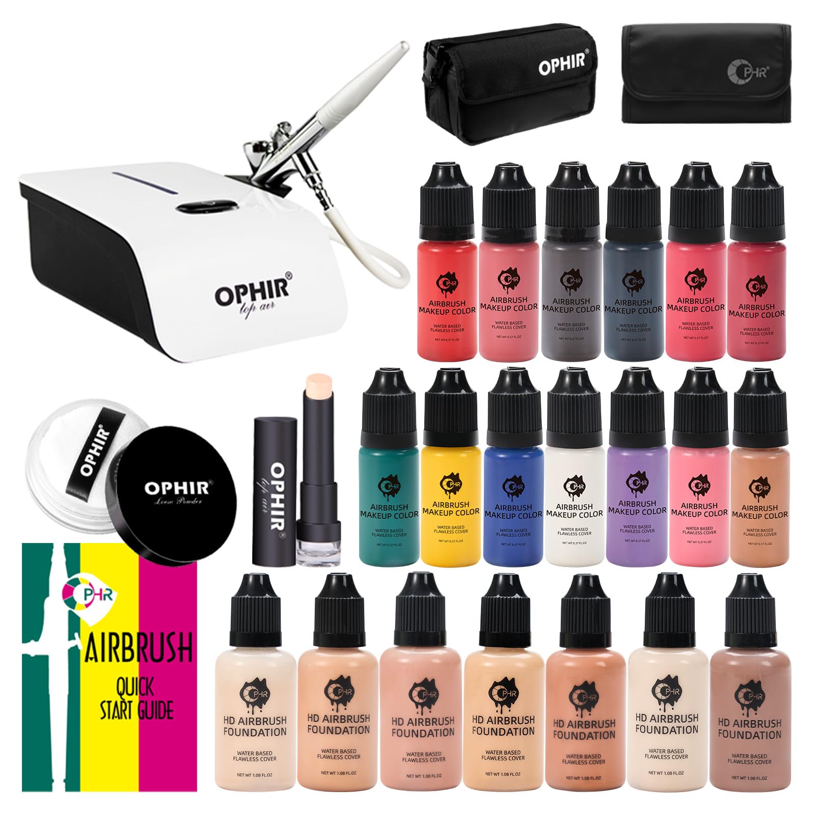 OPHIR Flawless Airbrush Makeup Kit — Pro Foundation, 7 Shades + 13 Eyeshadows, Air Compressor