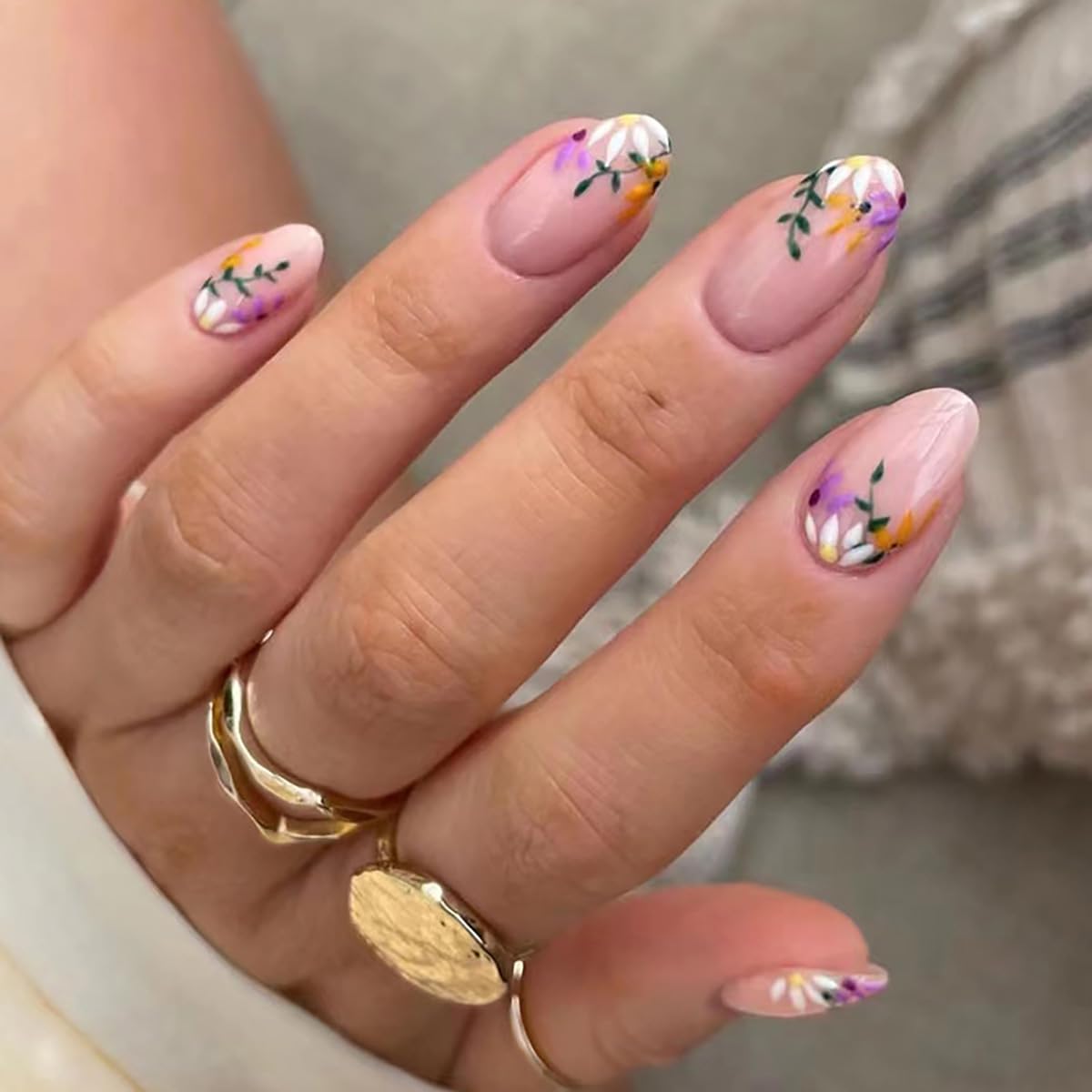 OPkssnails Almond Ballet with Daisy – 6 Packs Press-On Nails (144 Pcs), 12 Sizes