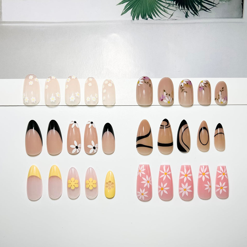 OPkssnails Almond Ballet with Daisy – 6 Packs Press-On Nails (144 Pcs), 12 Sizes