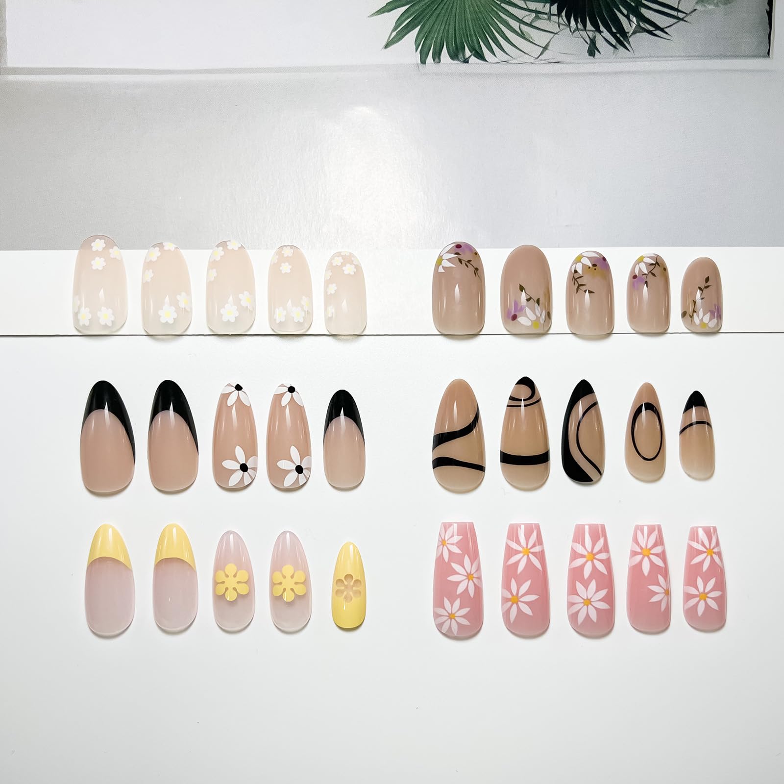 OPkssnails Almond Ballet with Daisy – 6 Packs Press-On Nails (144 Pcs), 12 Sizes