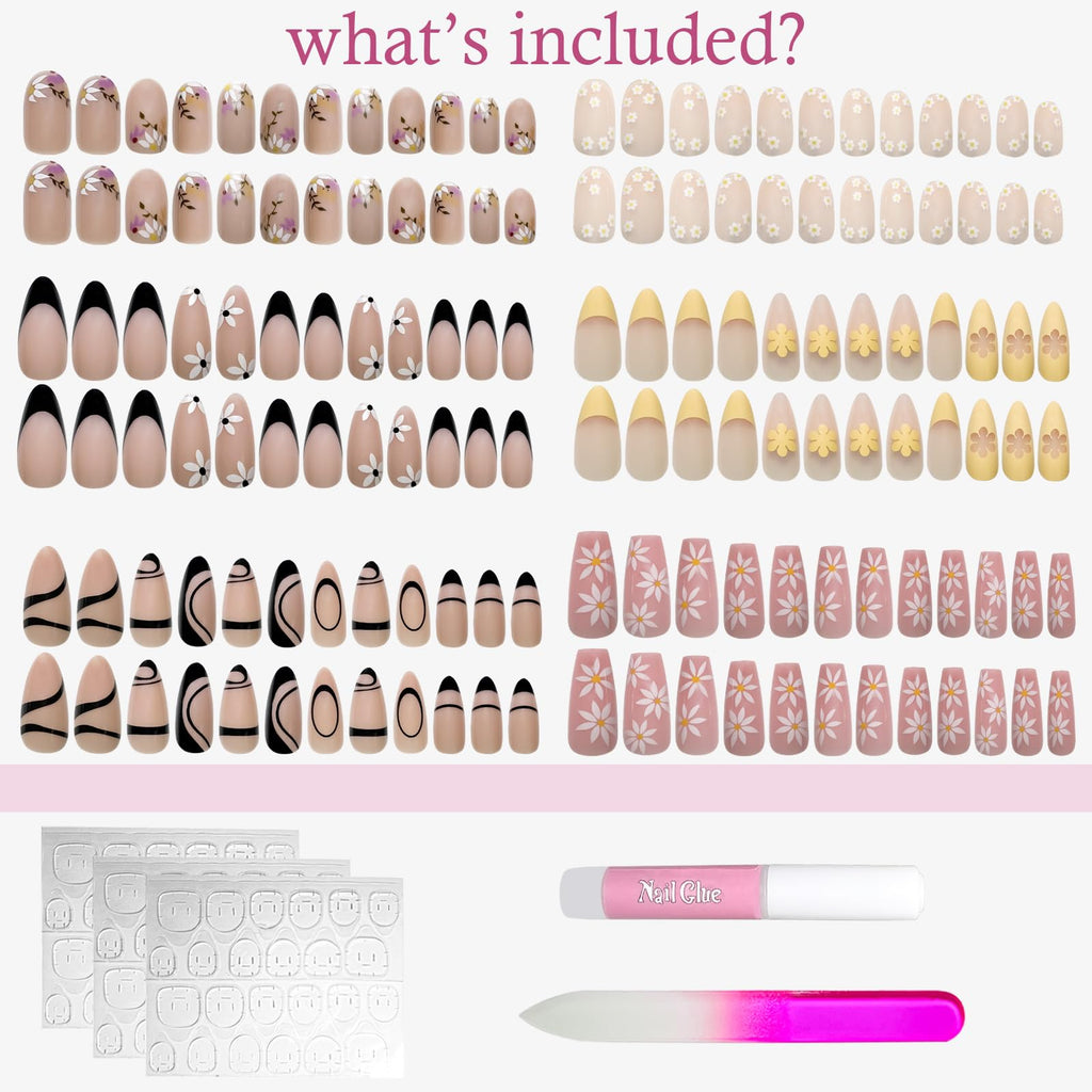 OPkssnails Almond Ballet with Daisy – 6 Packs Press-On Nails (144 Pcs), 12 Sizes