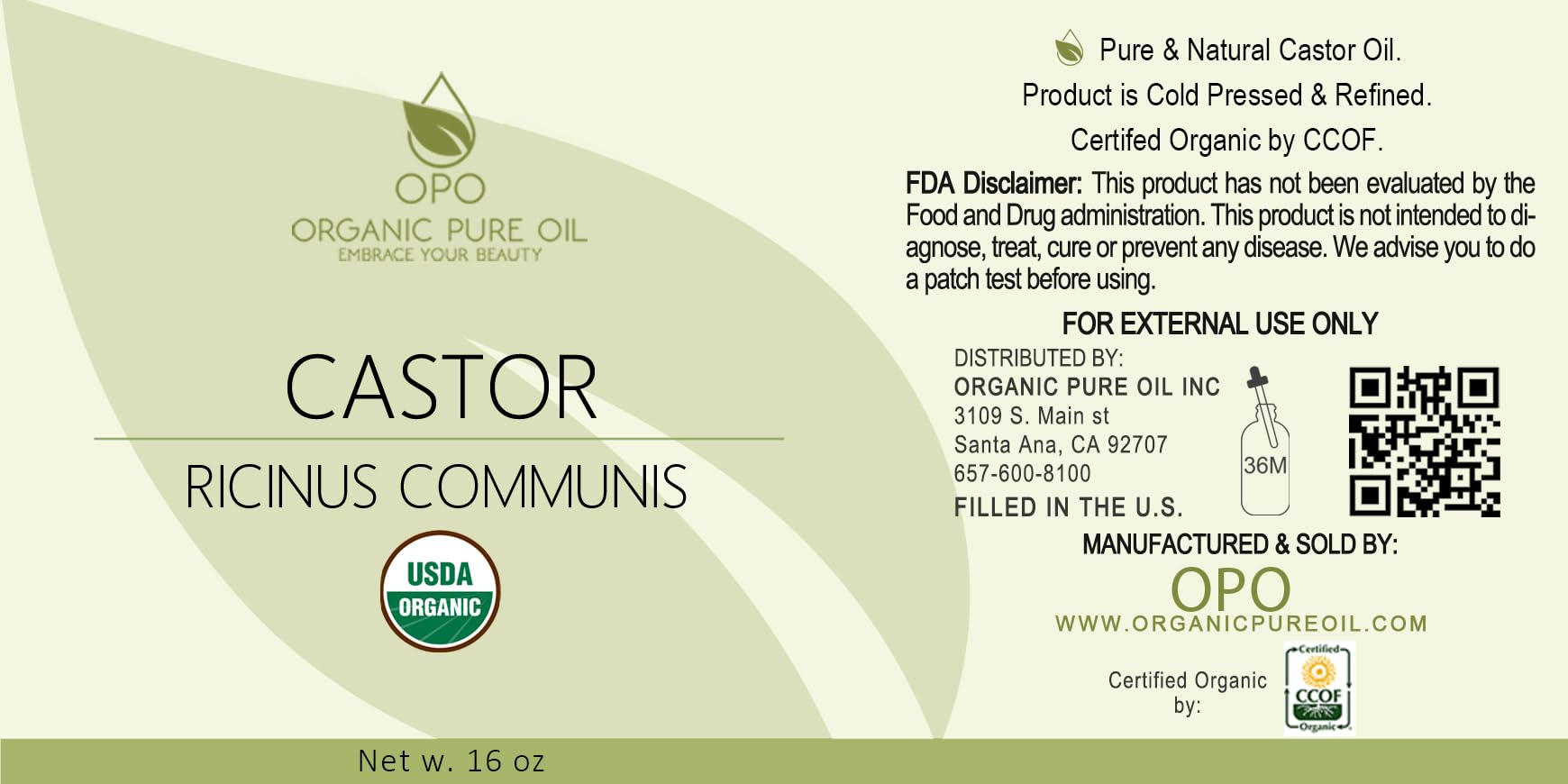 OPO Organic Castor Oil – 16 oz | USDA Organic, Cold-Pressed, Hexane-Free, Pure for Skin, Hair & Nails