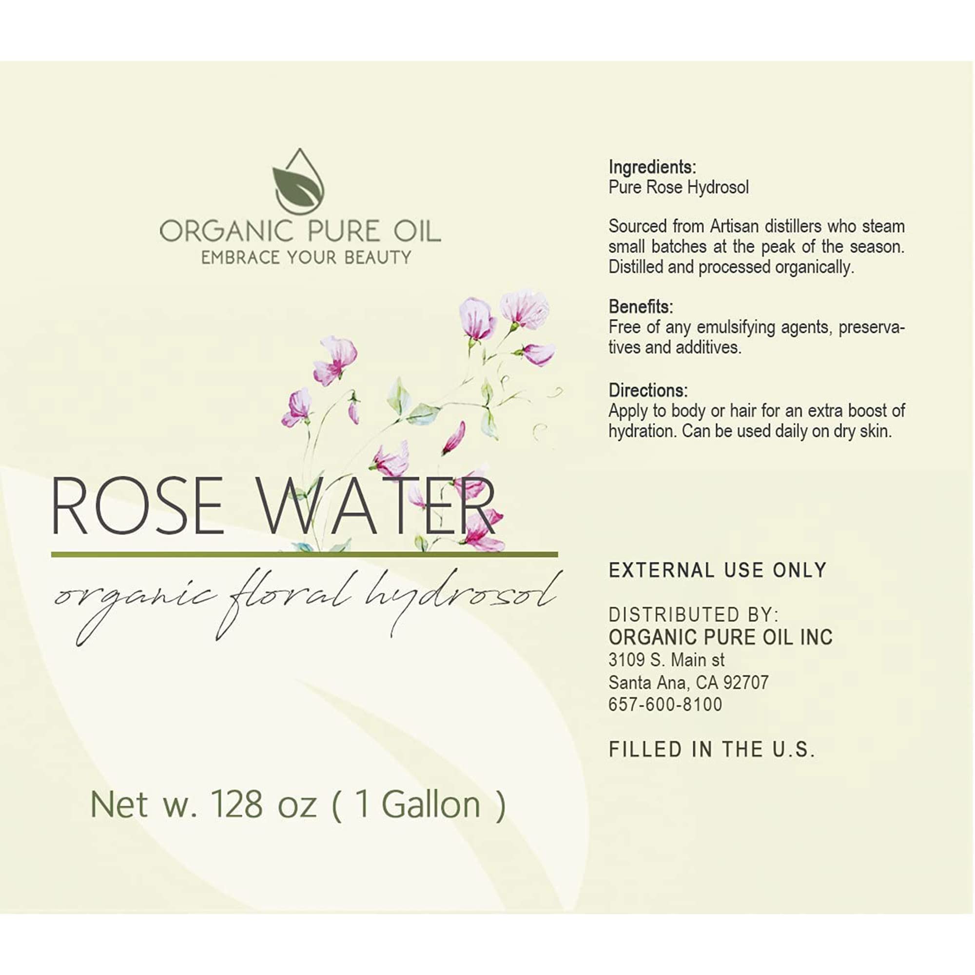 OPO Rose Hydrosol – 128 oz Pure Steam-Distilled Rose Water, Alcohol-Free Bulk Toner & Mist
